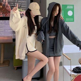 Set: Crop Tank Top + A-line Skirt + Zip Hoodie