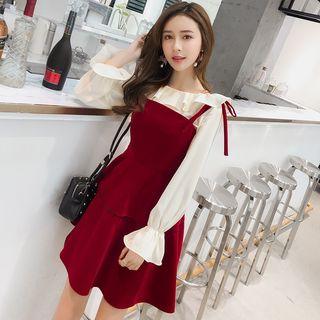 Set: Bell Sleeve Ruffled Top + Spaghetti-strap Velvet A-line Dress
