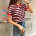 Striped Short-sleeve Slim-fit Cropped T-shirt