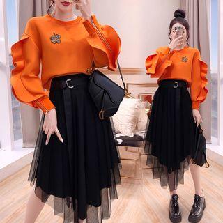 Set: Puff-sleeve Sweatshirt + Mesh Overlay Skirt