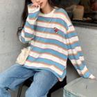 Embroidered Long-sleeve Striped T-shirt Stripes - Blue & White - One Size