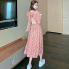 Puff-sleeve V-neck Open-back Bow Panel Printed Dress