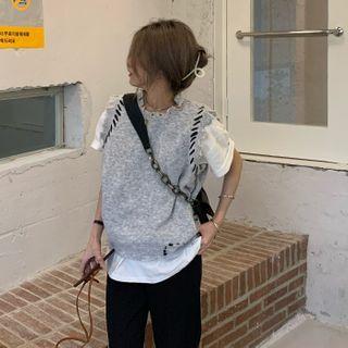 Frayed Sweater Vest Vest - Gray & White - One Size
