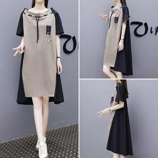 Contrast Color Short-sleeve Drawstring Dress