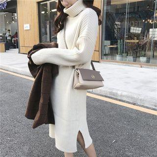 Ribbed Turtleneck Long Sleeve Midi Knit Dress