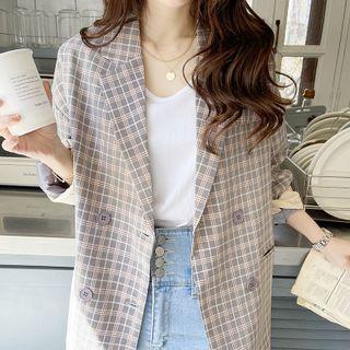 Boyfriend-fit Plaid Blazer Gray - One Size