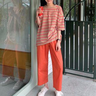 Color Block Striped T-shirt / Plain Wide Pants