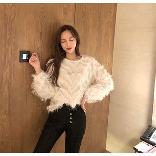 Long-sleeve Mesh Panel Fringed Top