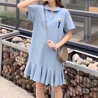Short-sleeve Cartoon Print Ruffle Hem Mini Collared Dress