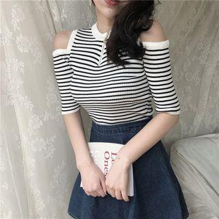 Short-sleeve Striped Cutout Knit Top