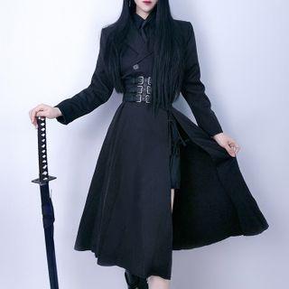 Side-slit Long Blazer / Faux Leather Leg Chain / Belt / Set