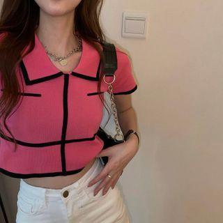 Contrast-trim Lapel Knit Top As Shown In Figure - One Size