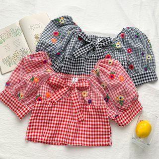 Checker Flower-embroidered Ribbon Crop Top