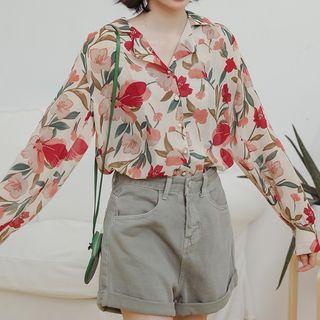 Floral Print Faux Pearl Buttoned Blouse
