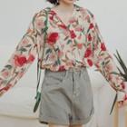 Floral Print Faux Pearl Buttoned Blouse