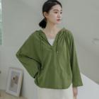 Long-sleeve Hooded Open Placket T-shirt Green - One Size
