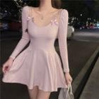 Long-sleeve Knit A-line Dress Pink - One Size