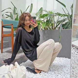 Plain Drop-shoulder Sheer Knit Top
