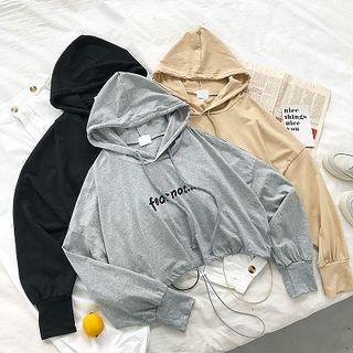 Lettering Embroidered Drawcord Long-sleeve Hoodie