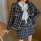 Tweed Jacket / A-line Skirt / Tie Neck Blouse