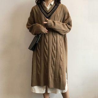 V-neck Long-sleeve Cable Knit Dress