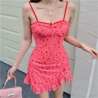 Sleeveless Ruffle Trim Heart Print Slim-fit Dress