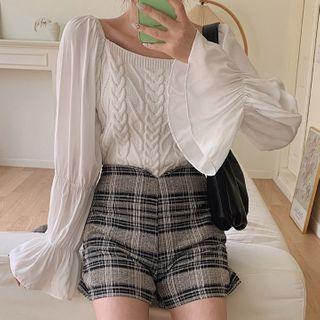 Shirred Bell-sleeve Knit Blouse