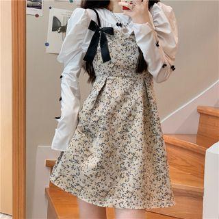 Puff-sleeve Bow Accent Blouse / Spaghetti Strap Floral Print Mini A-line Dress
