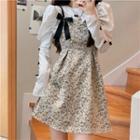 Puff-sleeve Bow Accent Blouse / Spaghetti Strap Floral Print Mini A-line Dress