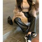 Long-sleeve Cutout Plain Top / Faux-leather Straight Leg Pants