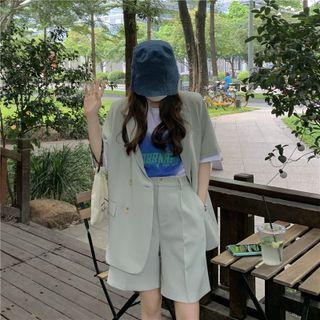Elbow-sleeve Double-breasted Shirt / Wide Leg Dress Shorts