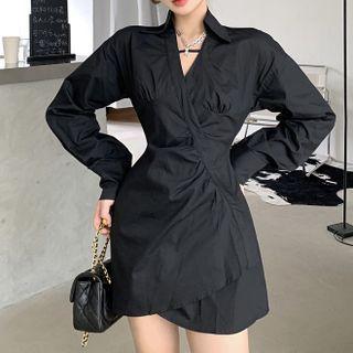 Long-sleeve V-neck Plain Mini Shirtdress
