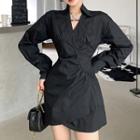 Long-sleeve V-neck Plain Mini Shirtdress