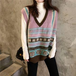 Plain Turtleneck Long-sleeve Slim-fit Top / Pattern Knit Vest
