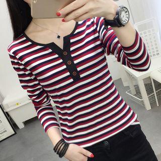 Striped Long-sleeve Henley T-shirt