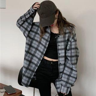 Oversized Plaid Long-sleeve Shirt Gray - One Size