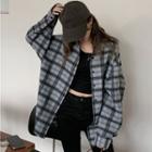 Oversized Plaid Long-sleeve Shirt Gray - One Size