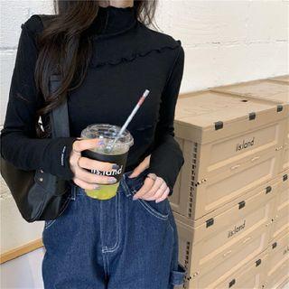 High-neck Ruched Trim Long-sleeve Top