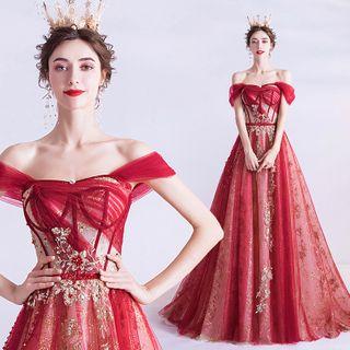 Cap-sleeve Foil Print A-line Evening Gown