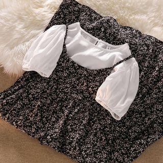 Spaghetti-strap Floral Midi A-line Dress / Puff-sleeve Blouse