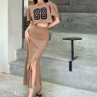 Set: Short-sleeve Numbering Cropped T-shirt + Midi Pencil Skirt