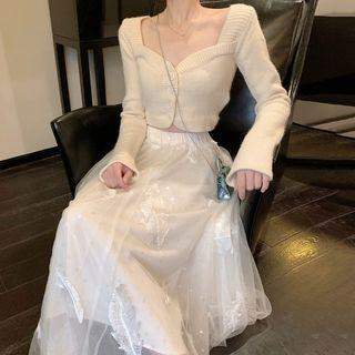 Buttoned Knit Jacket / Wide-leg Pants / Mesh Skirt