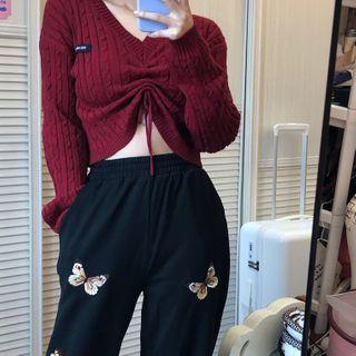 High-waist Butterfly Printed Sweatpants / Long-sleeve Drawstring Patch Plain Cable Knit Top