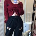 High-waist Butterfly Printed Sweatpants / Long-sleeve Drawstring Patch Plain Cable Knit Top