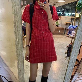 Plaid Single-breasted Short-sleeve Top / Plaid High-waist Skirt