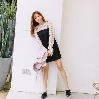 Mock Two-piece Dotted Panel Long-sleeve Dress