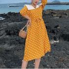 Elbow-sleeve Contrast Collar Dotted Midi A-line Dress