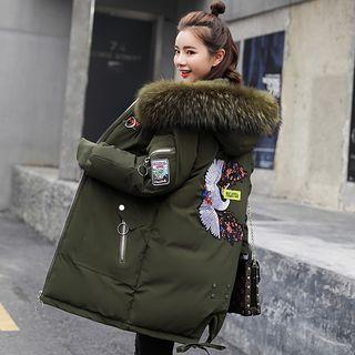 Crane Embroidered Furry Hood Padded Coat