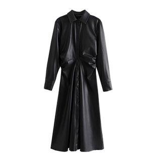 Long-sleeve Faux Leather Buttoned Midi Dress