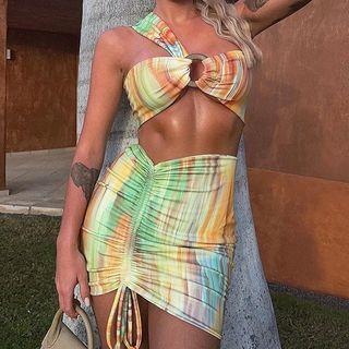 Set: One-shoulder Tie Dye Crop Top + Drawstring Mini Pencil Skirt